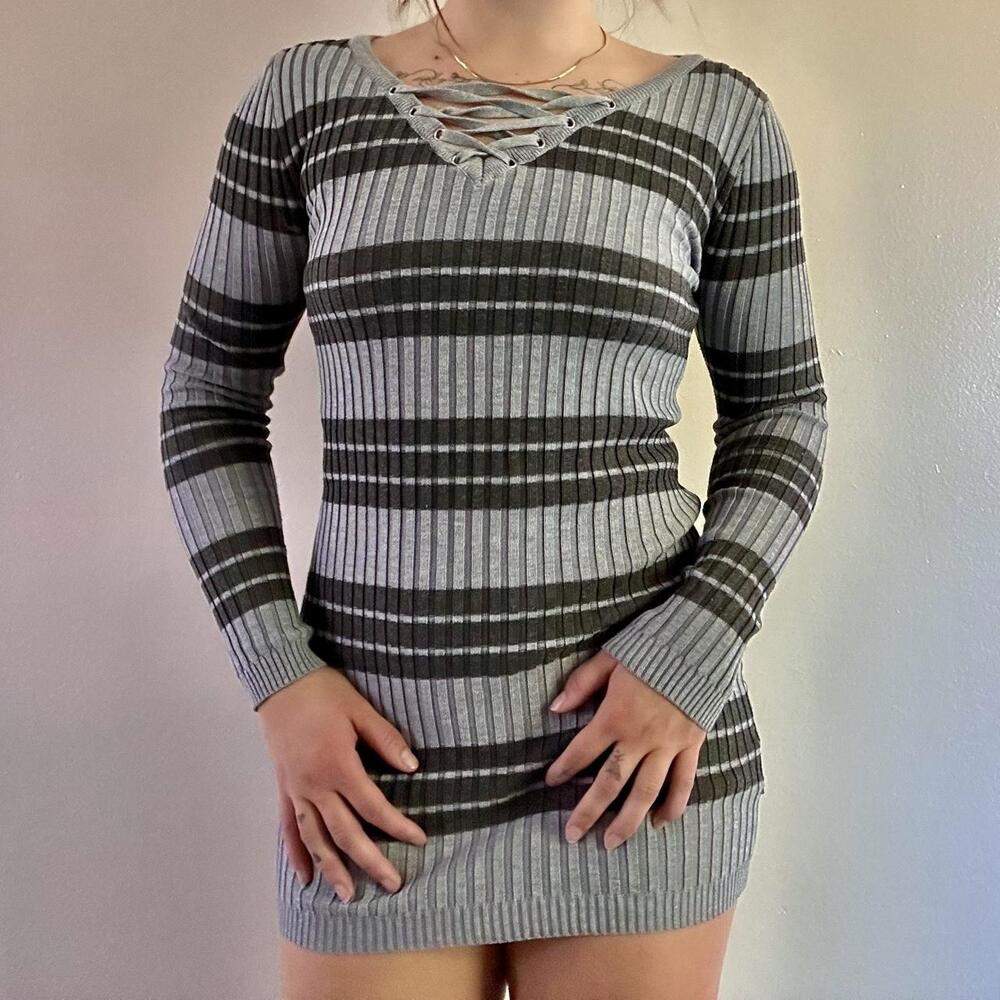 Y2K Whimsigoth Gray & Black Striped Long Sleeve Mini Sweater Dress — Size S